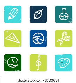 School and education icons set & elements isolated on white Vector hand drawn icons blocks collection - blue and green.