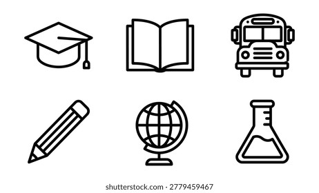 School and education icons set with graduation cap school bus education open book learning knowledge transportati
