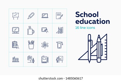 School education icons. Set of line icons. Technology, supply, analysis. University concept. Vector illustration can be used for topics like studying, science, knowledge