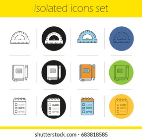 School and education icons set. Linear, black and color styles. School ruler, journal with pencil, to do list. Isolated vector illustrations