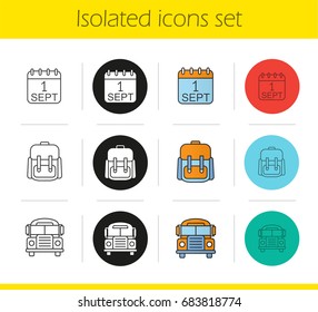 School and education icons set. Linear, black and color styles. September 1st date, school bus, student's rucksack. Isolated vector illustrations