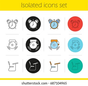 School and education icons set. Linear, black and color styles. Ringing alarm clock and school bell, desk. Isolated vector illustrations