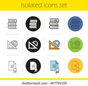 School and education icons set. Linear, black and color styles. Books stack, certificate, school rulers. Isolated vector illustrations