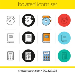School and education icons set. Linear, black and color styles. School bell and journal, calculator. Isolated vector illustrations
