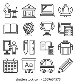 School and Education Icons Set on White Background. Line Style Vector