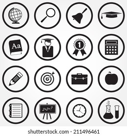 School and Education Icons set for science, knowledge, reading, math, chemistry, geography. Science sign and symbol. Vector illustration. 