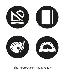 School and education icons set. Stationery items. School rulers, diary notebook, palette with brush. Vector white silhouettes illustrations in black circles