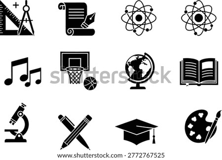 School education icons set with subjects tools and learning elements in black
