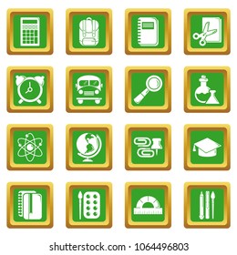 School education icons set vector green square isolated on white background 