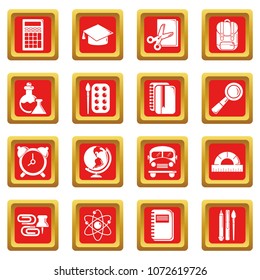 School education icons set vector red square isolated on white background 