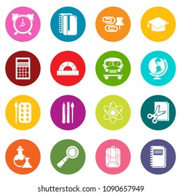 School education icons set vector colorful circles isolated on white background 
