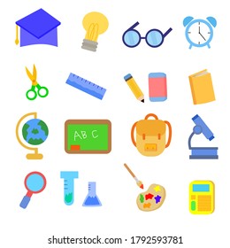 School and education icons set.Collection of stationery and classroom.