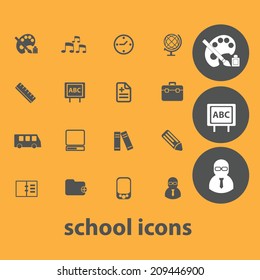 school, education icons, signs, objects set, vector