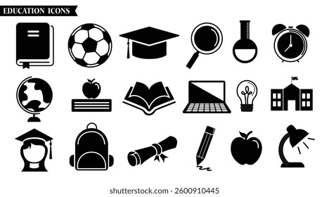 School education icons silhouette clipart set. School elements drawing clip art like book, ball, bag, clock, laptop and pencil black silhouette items collection vector illustration.   
