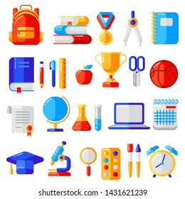 School and education icons, symbols, objects set. Illustration in trendy flat style.