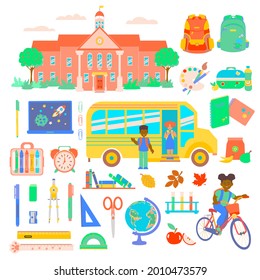 School and education icons, symbols, objects set. Vector illustration