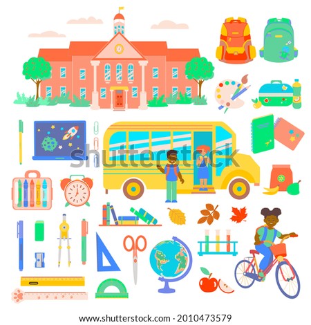 School and education icons, symbols, objects set. Vector illustration