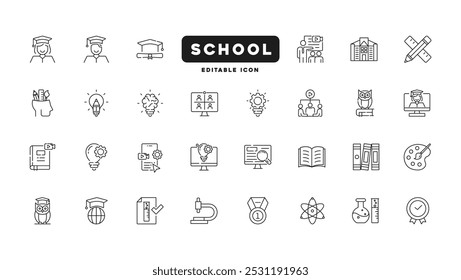 School education icons. teaching, online education, graduate, studying, learning, uniform. Education thin outline icon.