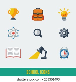 Ícones da escola e da educação. Ilustração vetorial. Estilo plano colorido.