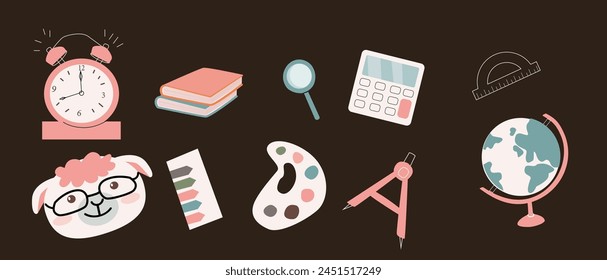 School and education icons vector set. School globe, book, compass tool, ruler, alarm, sheep animal character. Vector illustration can used for textile, poster, fabric design. 