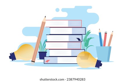 School and education illustration - Decorative vector objects, books, pencil and light bulbs on floor. Studying concept in flat design with white background