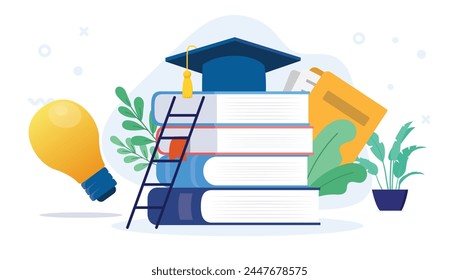 School and education illustration - Decorative vector objects, books, graduation college hat and light bulbs on floor. Studying concept in flat design with white background