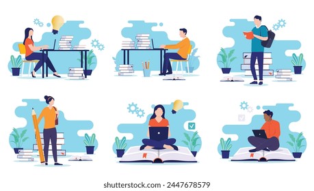 School and education illustrations collection - Set of vector graphic design elements of student people using computers, reading books and working on research and gaining knowledge