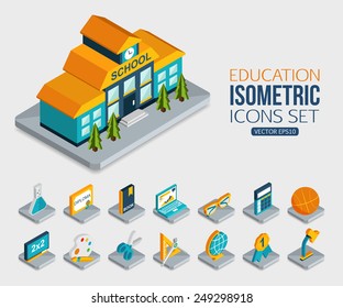 School And Education Isometric 3d Icons Collection. Flat Design Style. Vector Illustration.