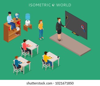 School education isometric design concept with teacher at blackboard and pupil in classroom vector illustration