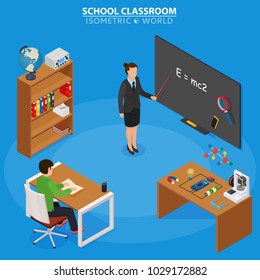 School education isometric design concept with teacher at blackboard and pupil in classroom vector illustration
