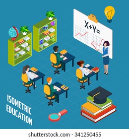 School Education  Isometric Design Concept With Teacher At Blackboard And Pupil In Classroom Vector Illustration