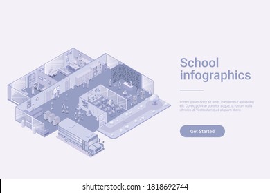 Enseñanza escolar Concepto vectorial monocromo de color blanco isométrico.