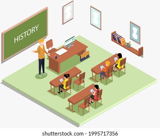 School Education Isometric Teacher And Pupil At History Lesson. Learning Process In Classroom. High School Isometric People Composition With Class Room Interior And Characters Of Teacher And Students