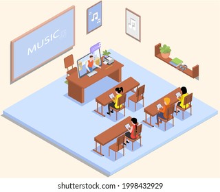 School education isometric teacher and pupil at lesson. Learning process in music classroom. High school isometric people composition with class room interior and characters of teacher and students
