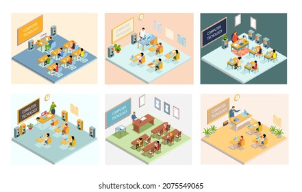 School education isometric with teacher and pupil at lesson. Learning process in classroom. High school isometric people composition with class room interior and characters of teacher and students