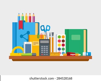 School, education items on table flat vector illustration