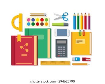 School, education items on table flat vector illustration