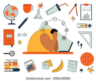 School and education items for online learning in trendy hand drawn style. Vector illustration