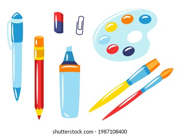 School and education items. Set of supplies and stationery.