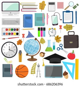 School and education items in the workplace. Vector illustration flat illustration of school supplies. Isolated schools working education accessories on white background. Infographic elements for web