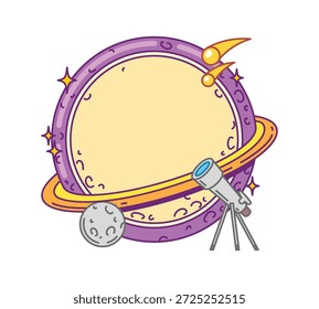 As crianças da escola memo notam o espaço como um grande planeta anilhado com crateras, estrelas brilhantes, telescópio, lua e cometas arremessadores. Marca em branco de vetor de desenhos animados para artigos de papelaria de astronomia ou ciência