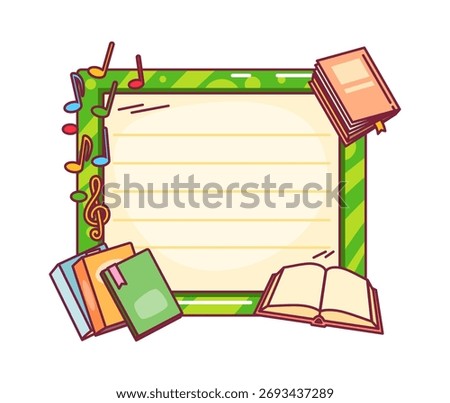 School education kids memo note frame with green border, lines and playful decorations as books, music notes and an open notebook. Cartoon vector educational template for schedules or announcements