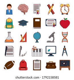 school education knowledge elements flat icons set with shadow vector illustration
