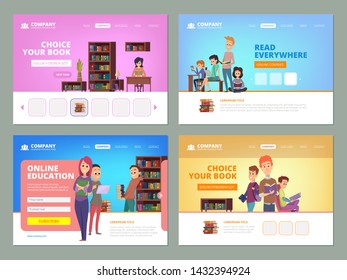 School education landing. Learning distance courses students reading books university library knowledge concept vector landing layout. Online education, e-learning library illustration
