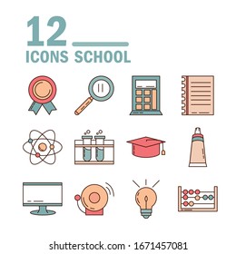 school education learn supply stationery icons set vector illustration line and fill style icon