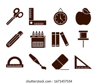 school education learn supply stationery icons set vector illustration silhouette style icon