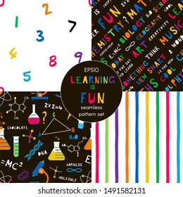 School education and learning cartoon vector seamless pattern set. Multicolor numbers, stripes on white backgrounds pack. Chemistry flasks, creative typography backdrops, wrapping paper flat design