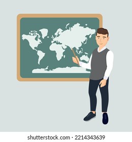 Schulbildung, Vektor Konzept des Lernens. Cartoon Geography Lehrer steht in der Nähe einer Tafel mit einem Zeiger. zeigt eine Weltkarte. Unterrichten von männlichen Talenten. Spezialist für Geopolitik.
