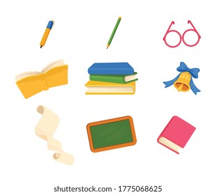 Educación escolar y clases de símbolos o íconos de ilustraciones vectoriales planas aisladas en fondo blanco. Colección de objetos escolares y papelería.