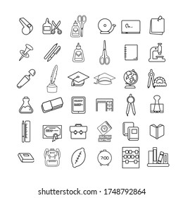 School and Education line Icon set with graduation cap, book, pencil, pen, eraser, blackboard